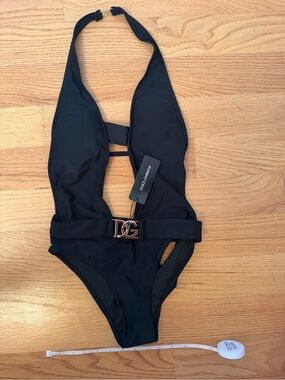 Dolce & Gabbana Black One-Piece Swimsuit with Gold DG Buckle